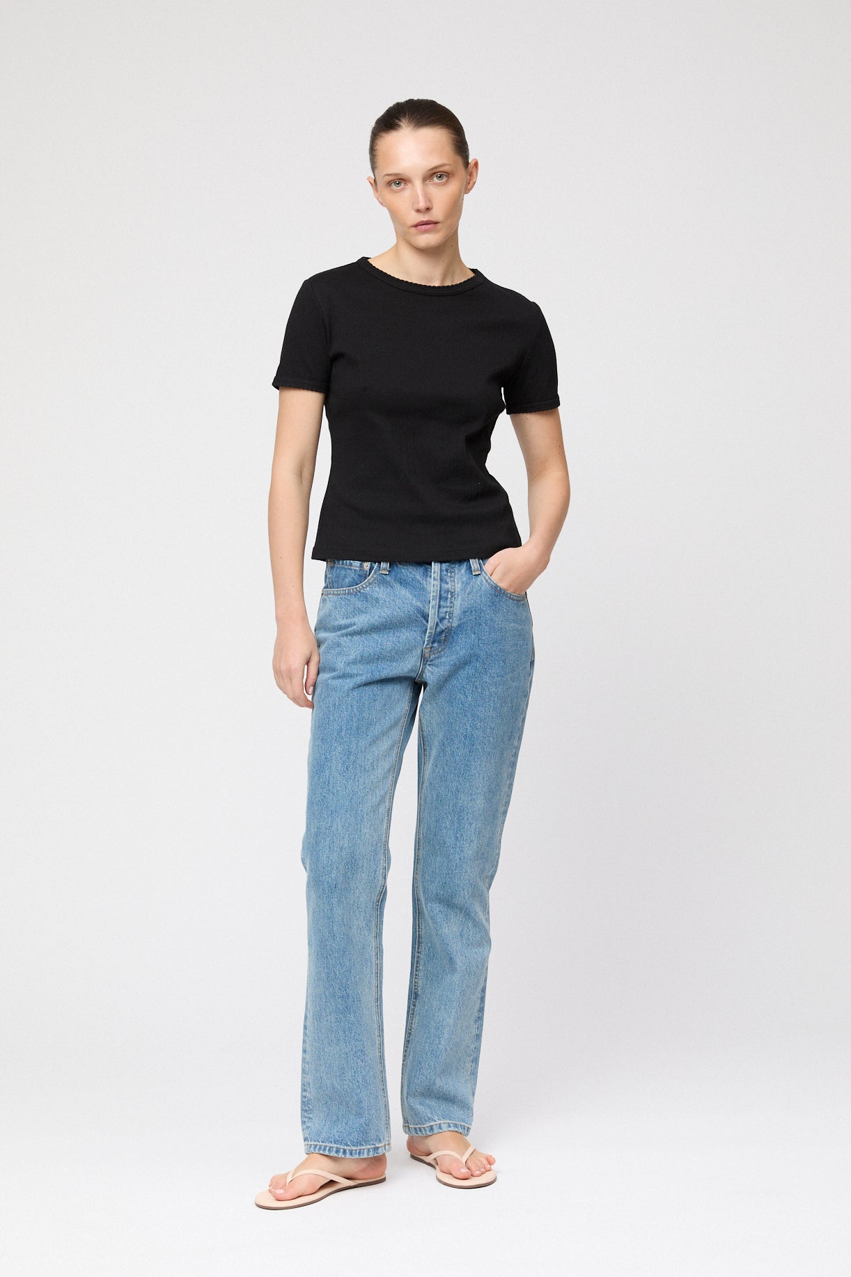 Pointelle Jersey Cap Sleeve T-shirt Jet Black