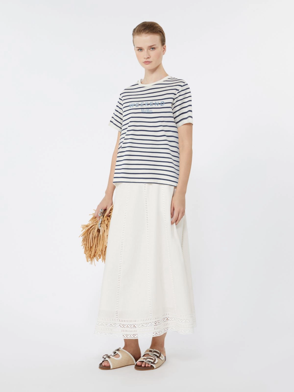 BORA Striped Embroidered Chest Logo T-shirt NAVY
