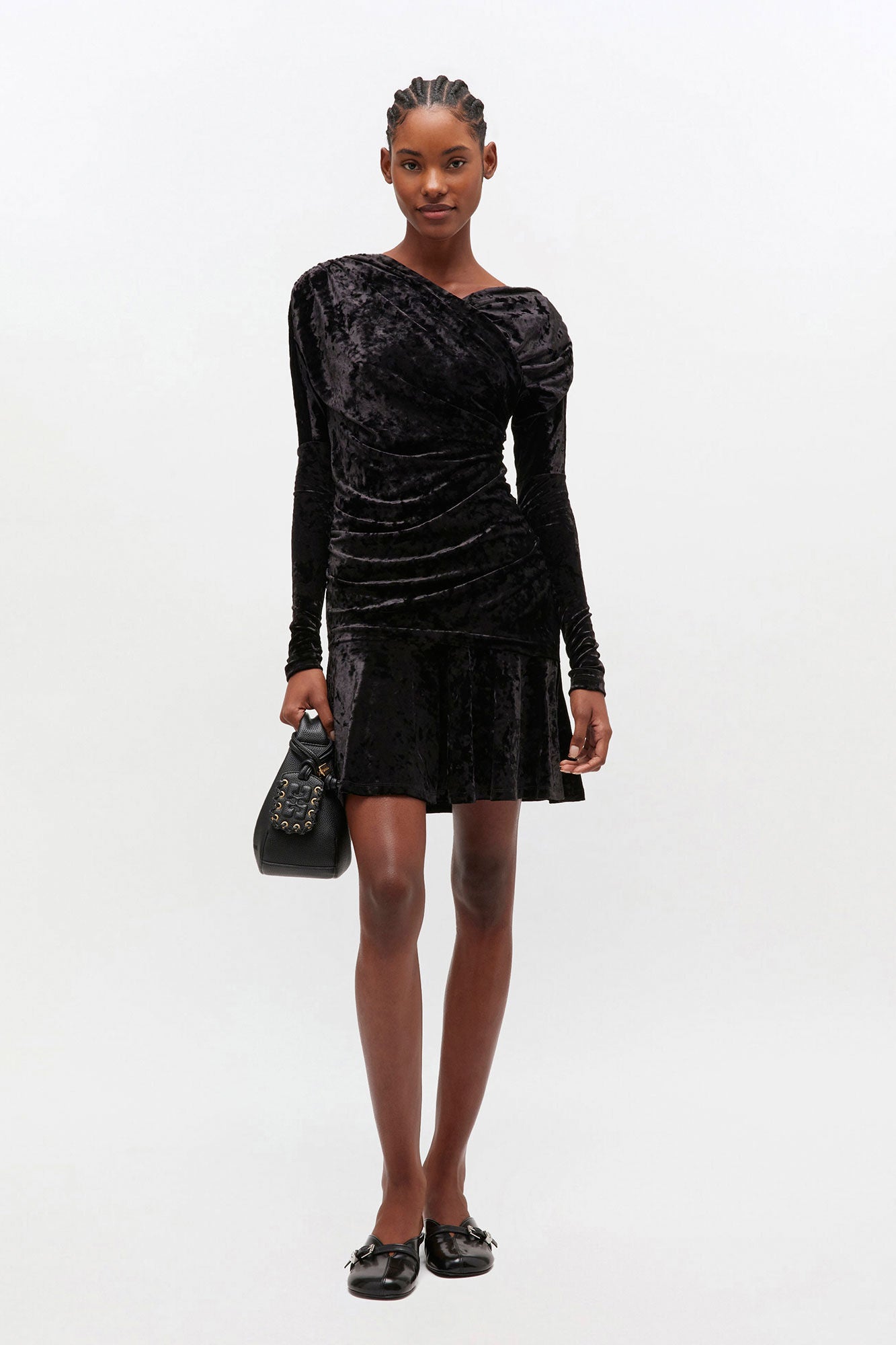 Velour Crossover Ruched Mini Dress Black