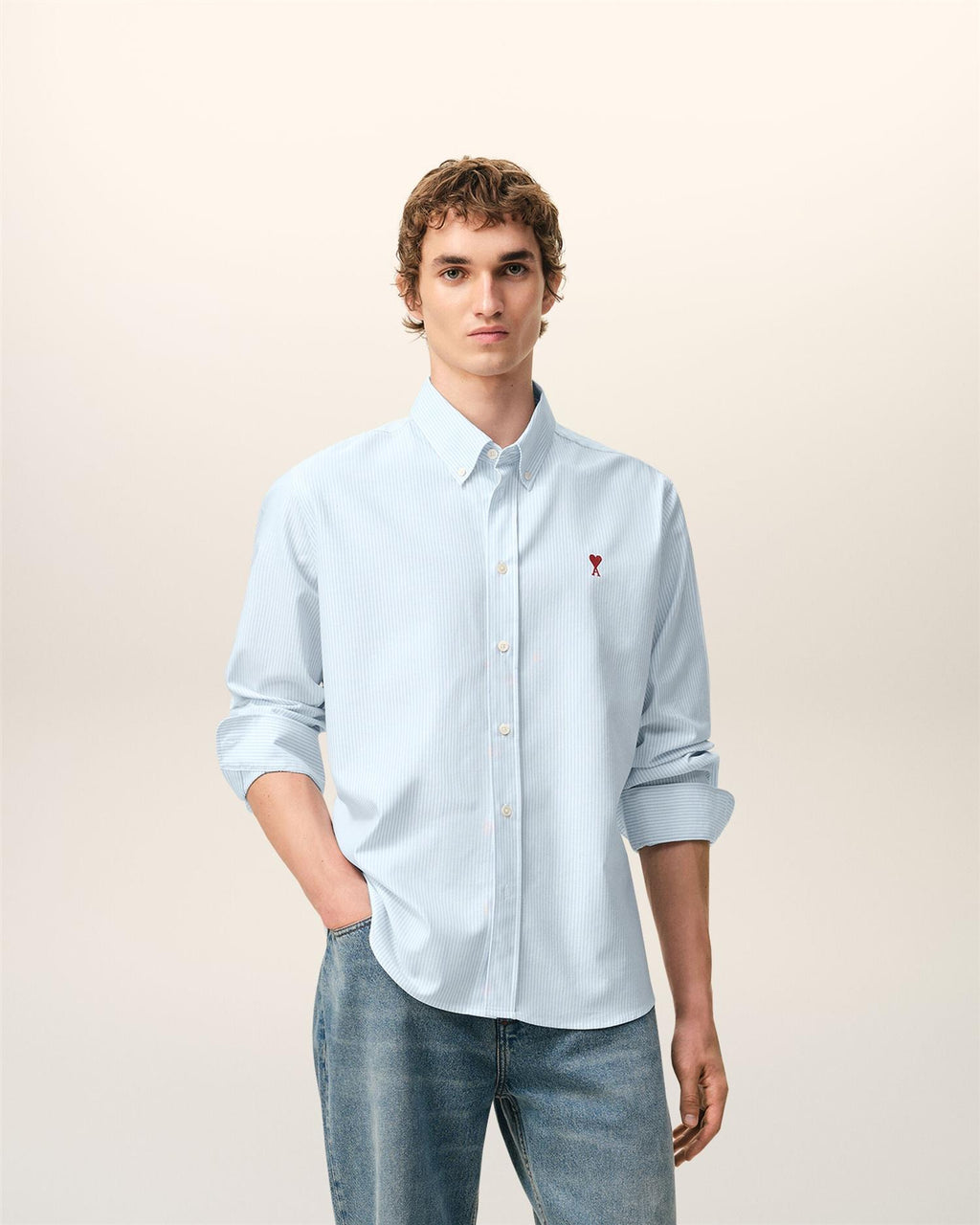 Embroidered AMI DE COEUR STRIPED OXFORD SHIRT SKY BLUE/NATURAL WHITE