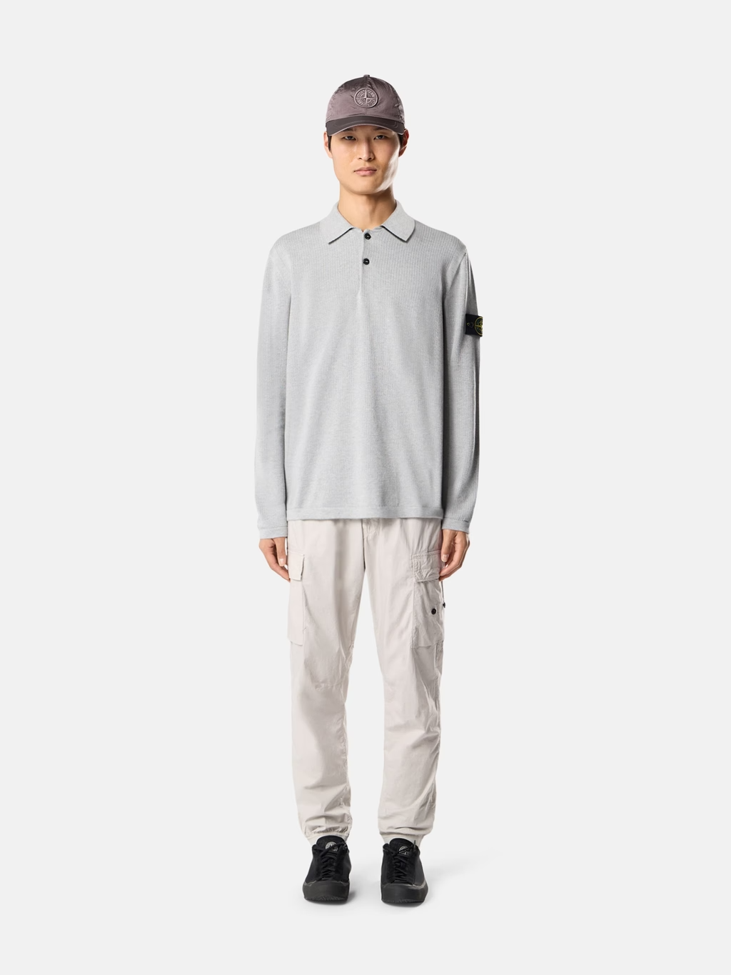 KNITTED Micro Stitch POLO SWEATER PEARL GREY MELANGE