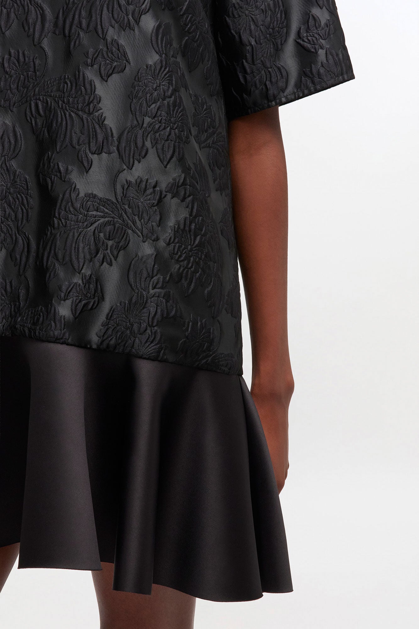 Satin Cloque Mini V-neck Dress Black