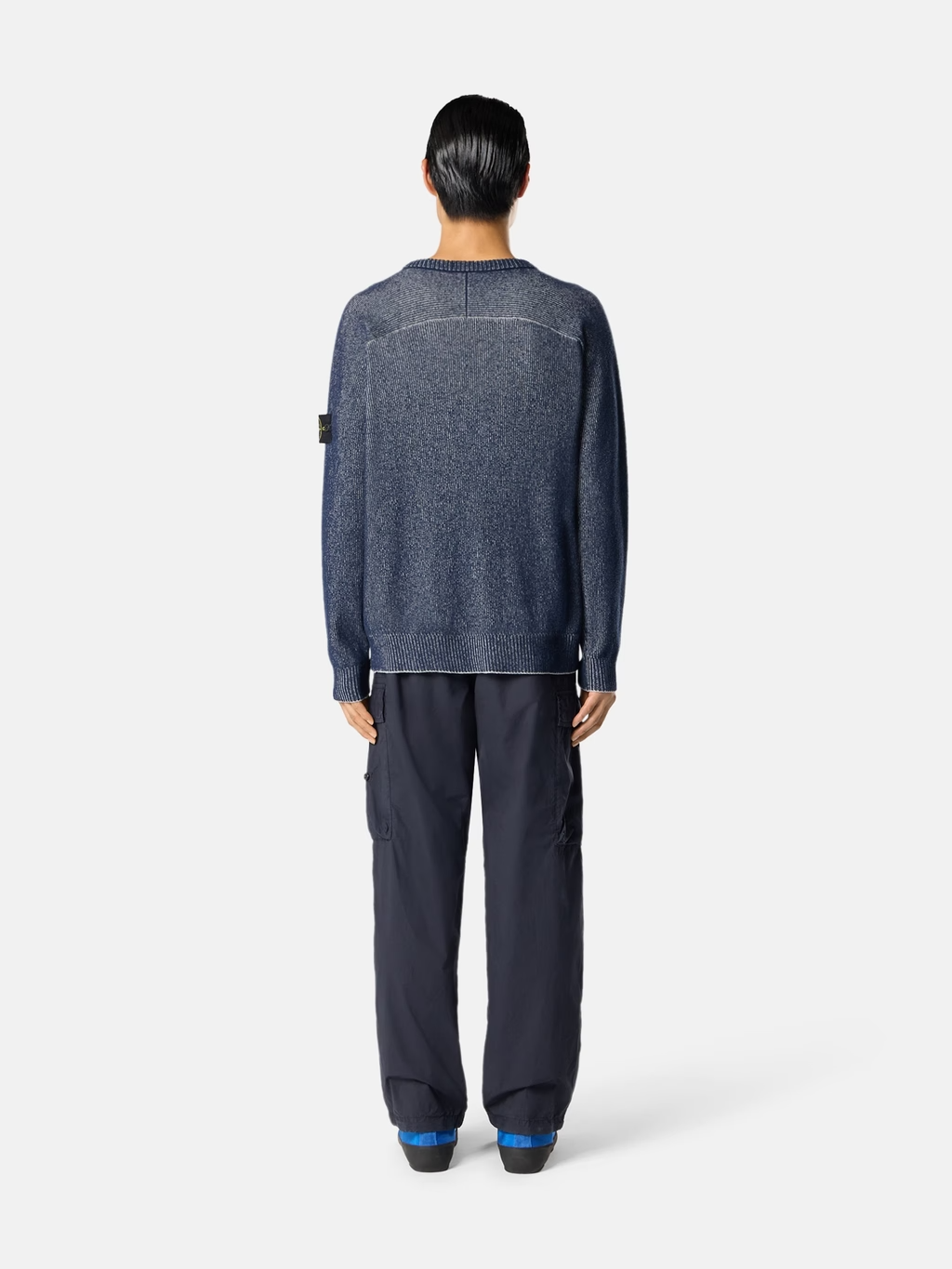 PLATED RIB COTTON BOUCLÉ SWEATER BLUE MELANGE