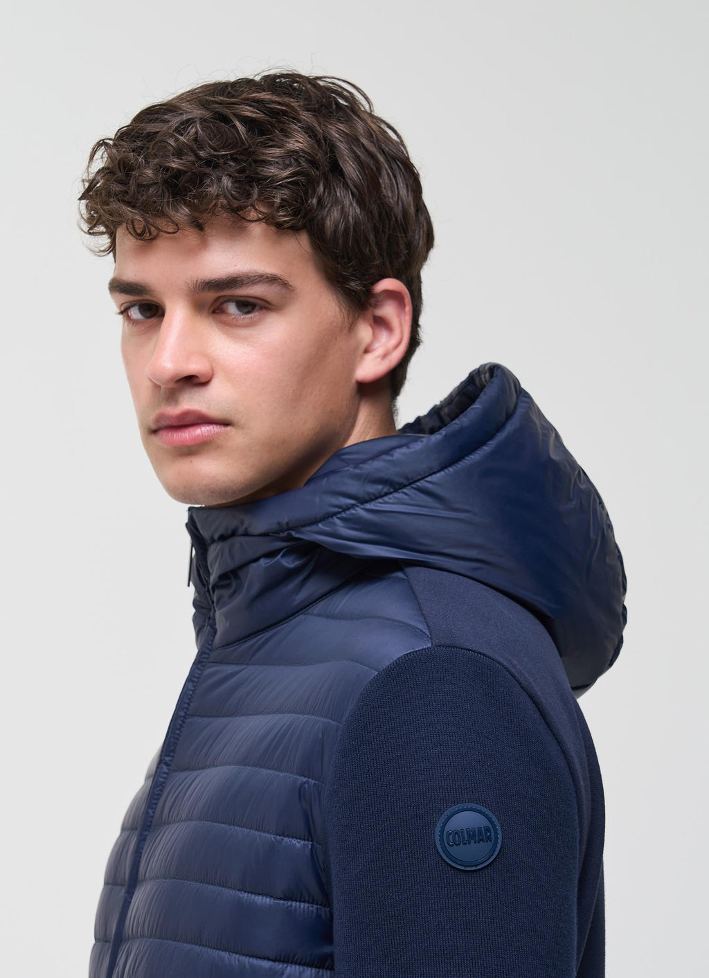 Hooded HYBRID KNITTED-PADDED JACKET NAVY BLUE