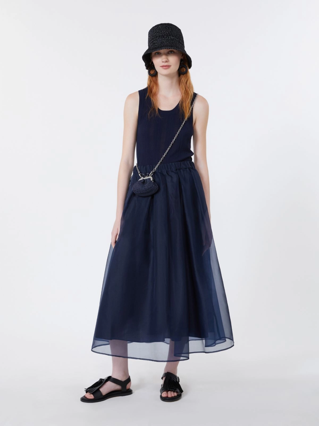VISINO Pleated Silk Organza Skirt NAVY
