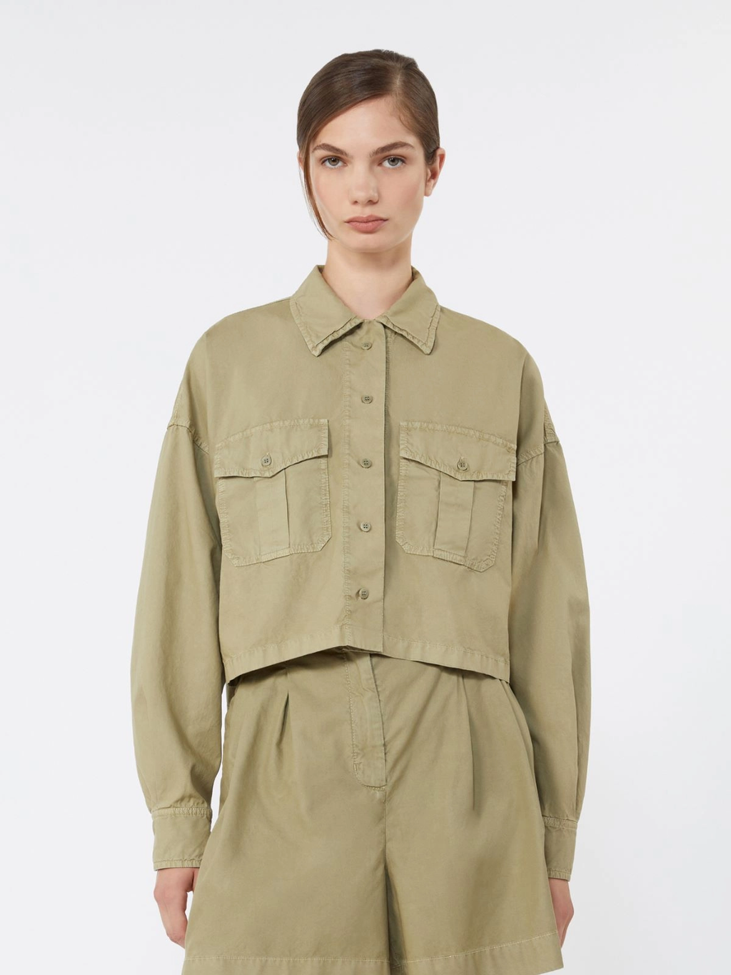 ACCENNI Boxy Cotton Panama Shirt OLIVE GREEN