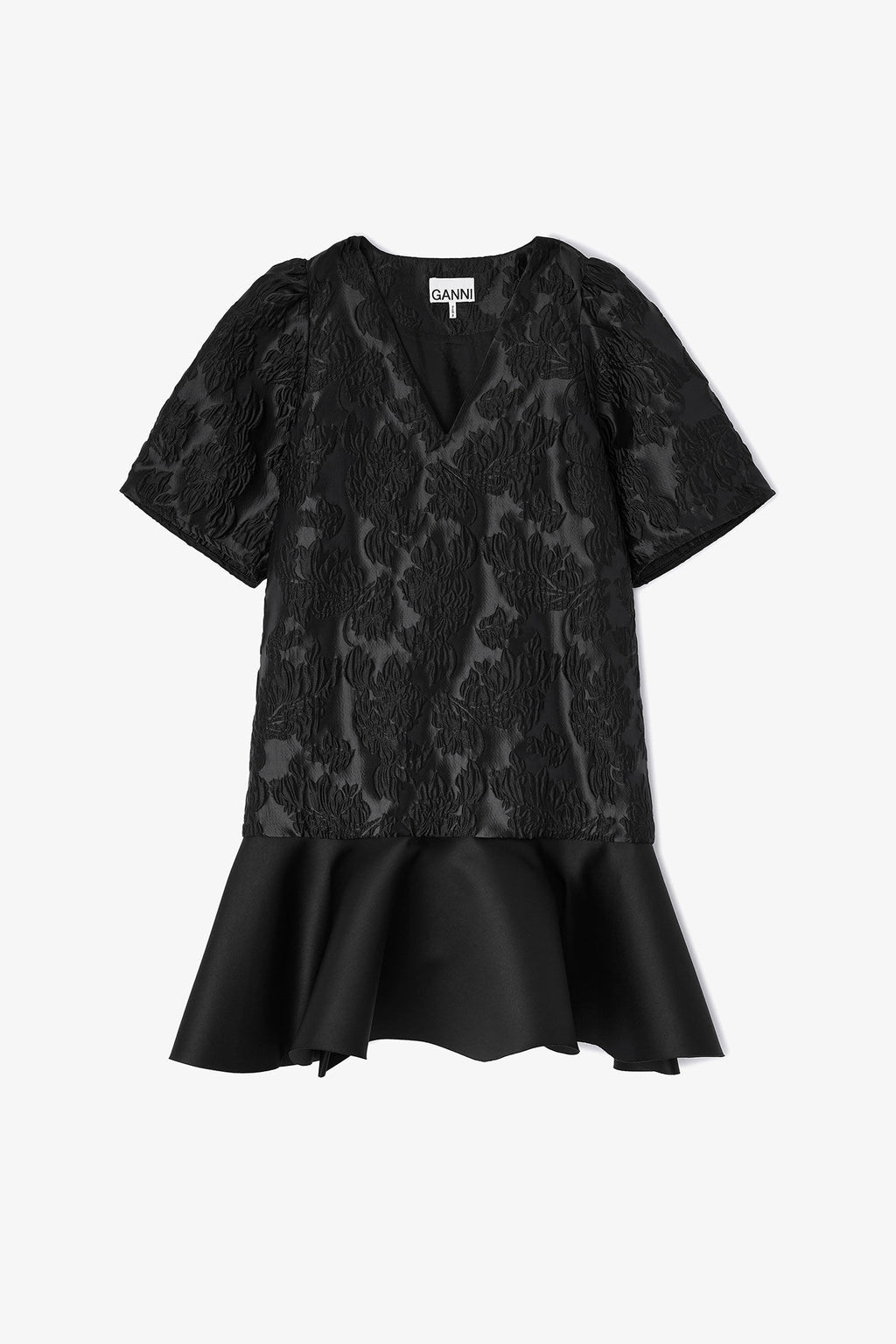 Satin Cloque Mini V-neck Dress Black