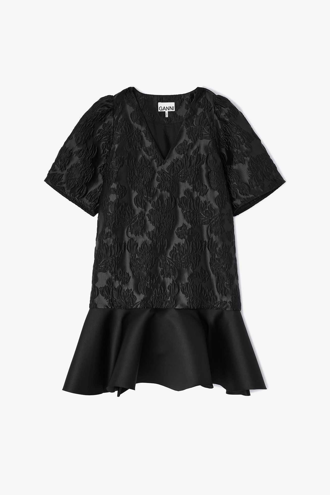 Satin Cloque Mini V-neck Dress Black