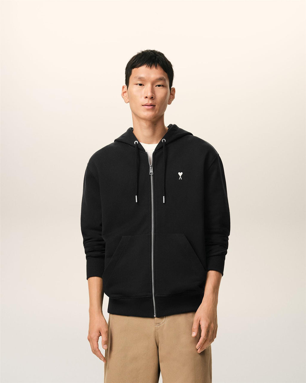 LOOPBACK COTTON AMI DE COEUR ZIP-HOOD BLACK/WHITE