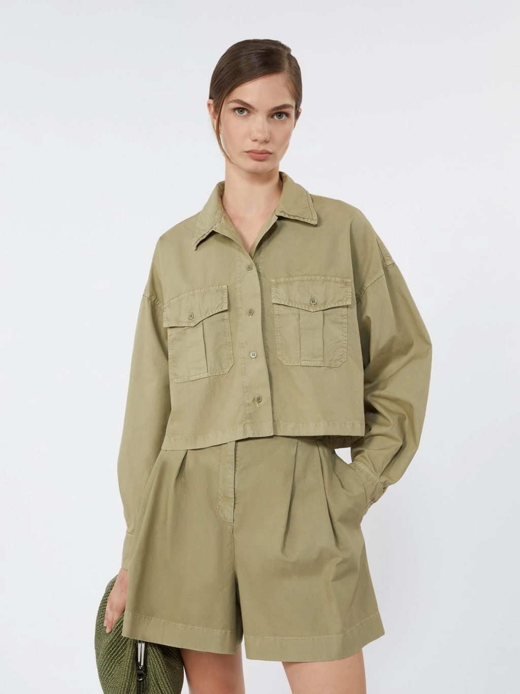 ACCENNI Boxy Cotton Panama Shirt OLIVE GREEN