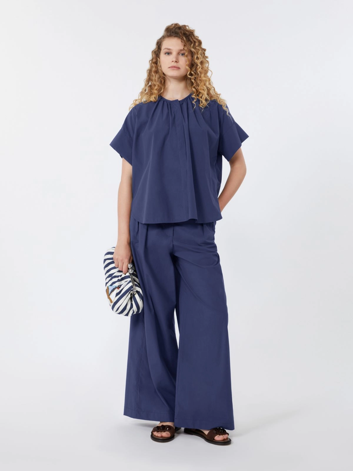BENDA Wide Leg Cotton Poplin Trousers NAVY