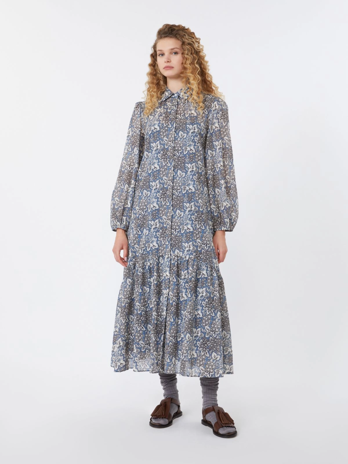 OBOLI Voile Patterned Shirt Dress NAVY