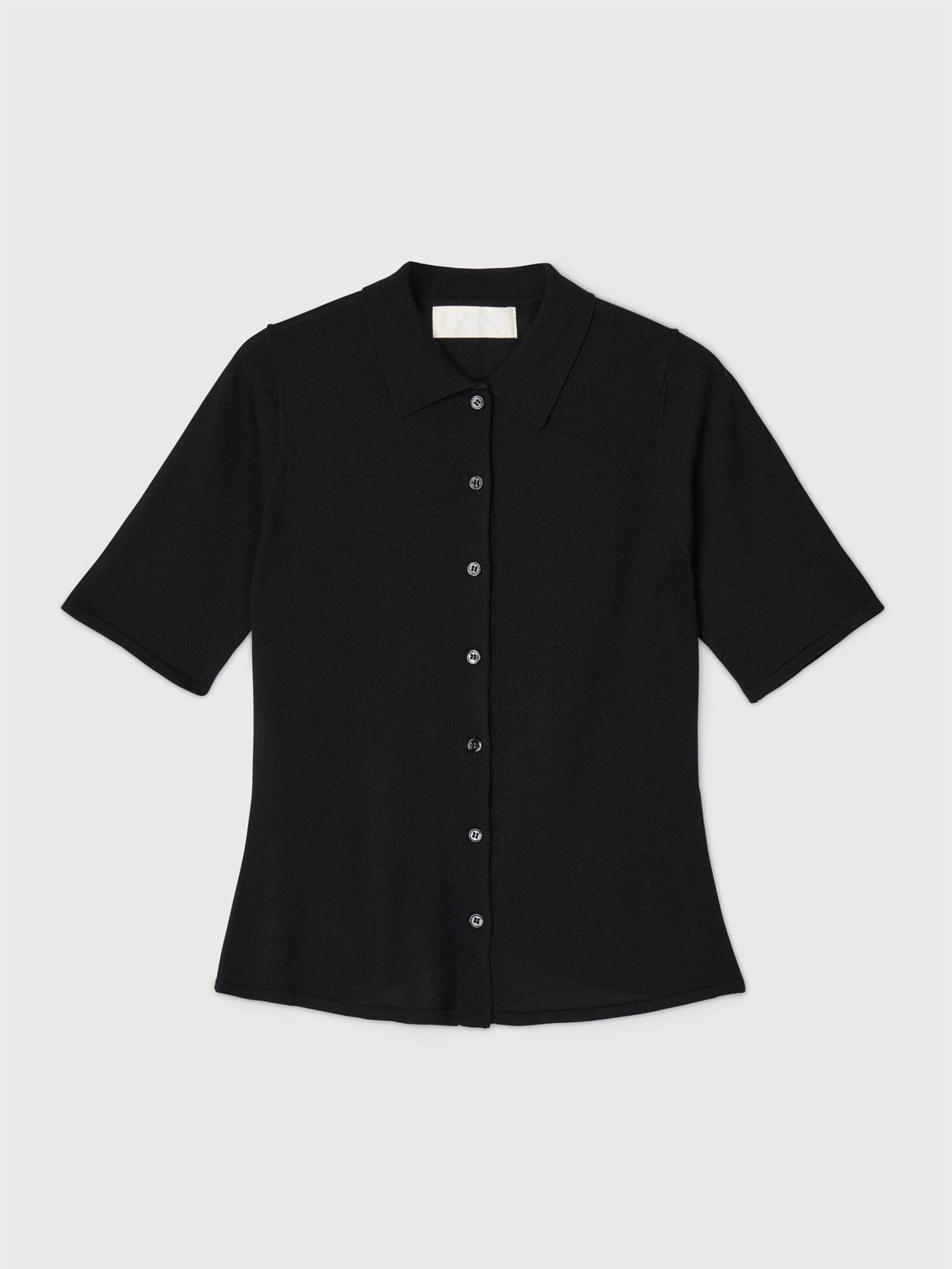 Knitted Merino wool Button Down T-shirt Black
