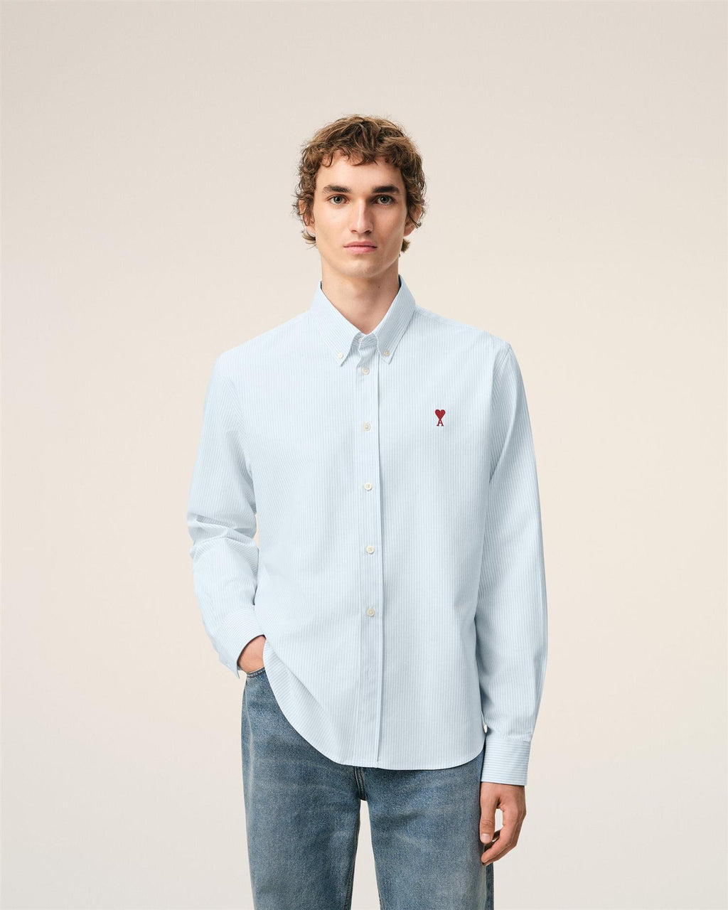 Embroidered AMI DE COEUR STRIPED OXFORD SHIRT SKY BLUE/NATURAL WHITE