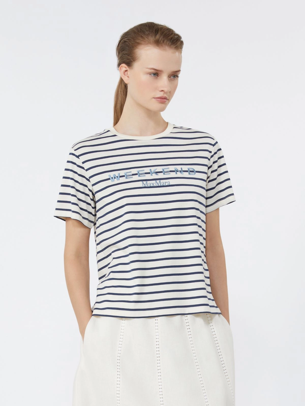 BORA Striped Embroidered Chest Logo T-shirt NAVY