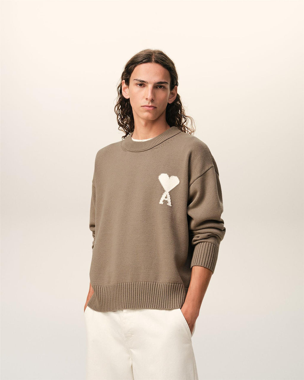 WOOL COTTON AMI DE COEUR SWEATER TAUPE BEIGE/OFF WHITE