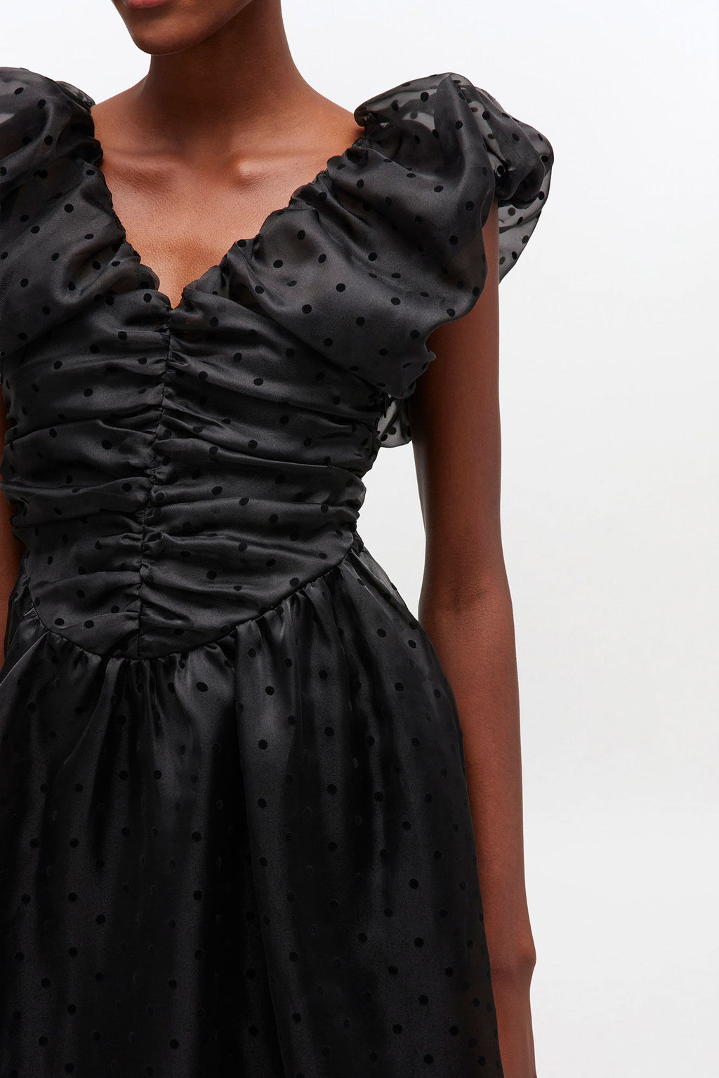 Flocked Organza Long Ruched Dress Black