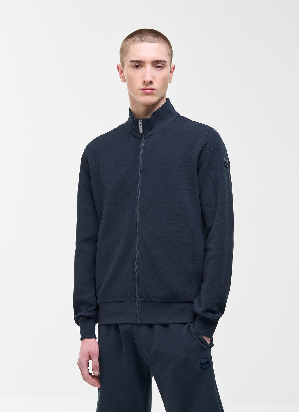 Textured Cotton Blend Full-Zip Sweater NAVY BLUE