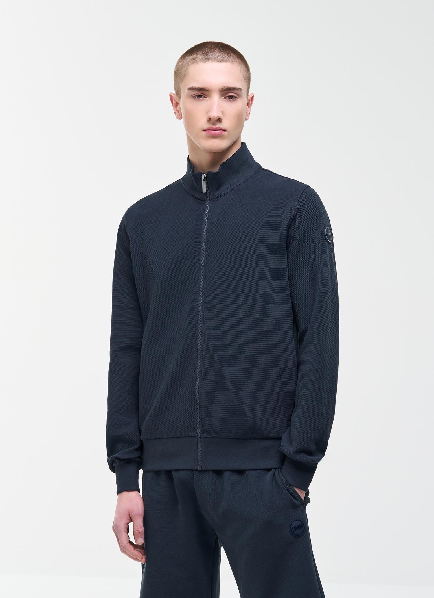 Textured Cotton Blend Full-Zip Sweater NAVY BLUE