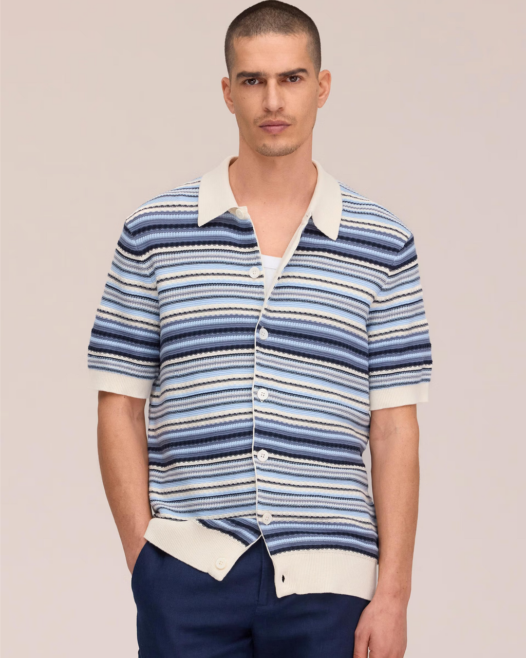 Nolan Textured Stitch Polo Cardigan Navy Multi