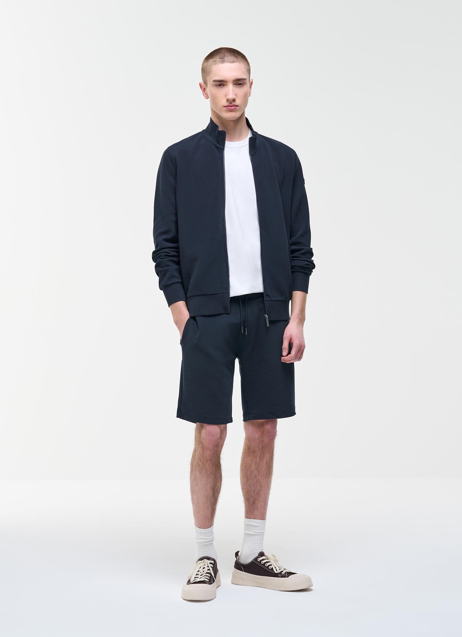 Textured Cotton Blend Full-Zip Sweater NAVY BLUE
