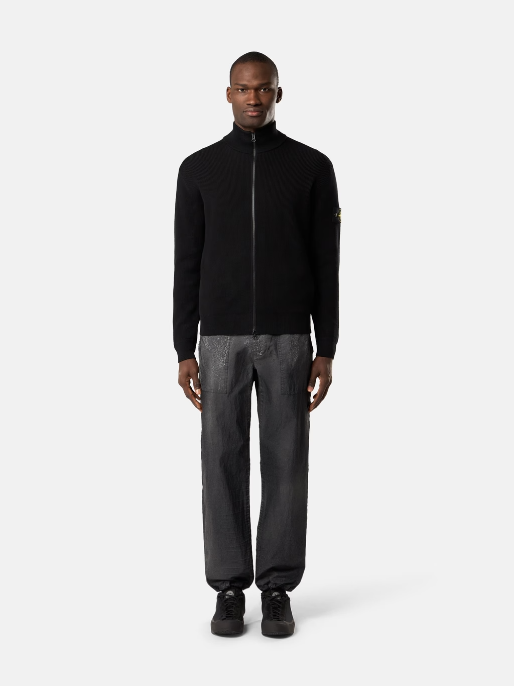 RIBBED KNITTED COTTON FULL-ZIP SWEATER BLACK