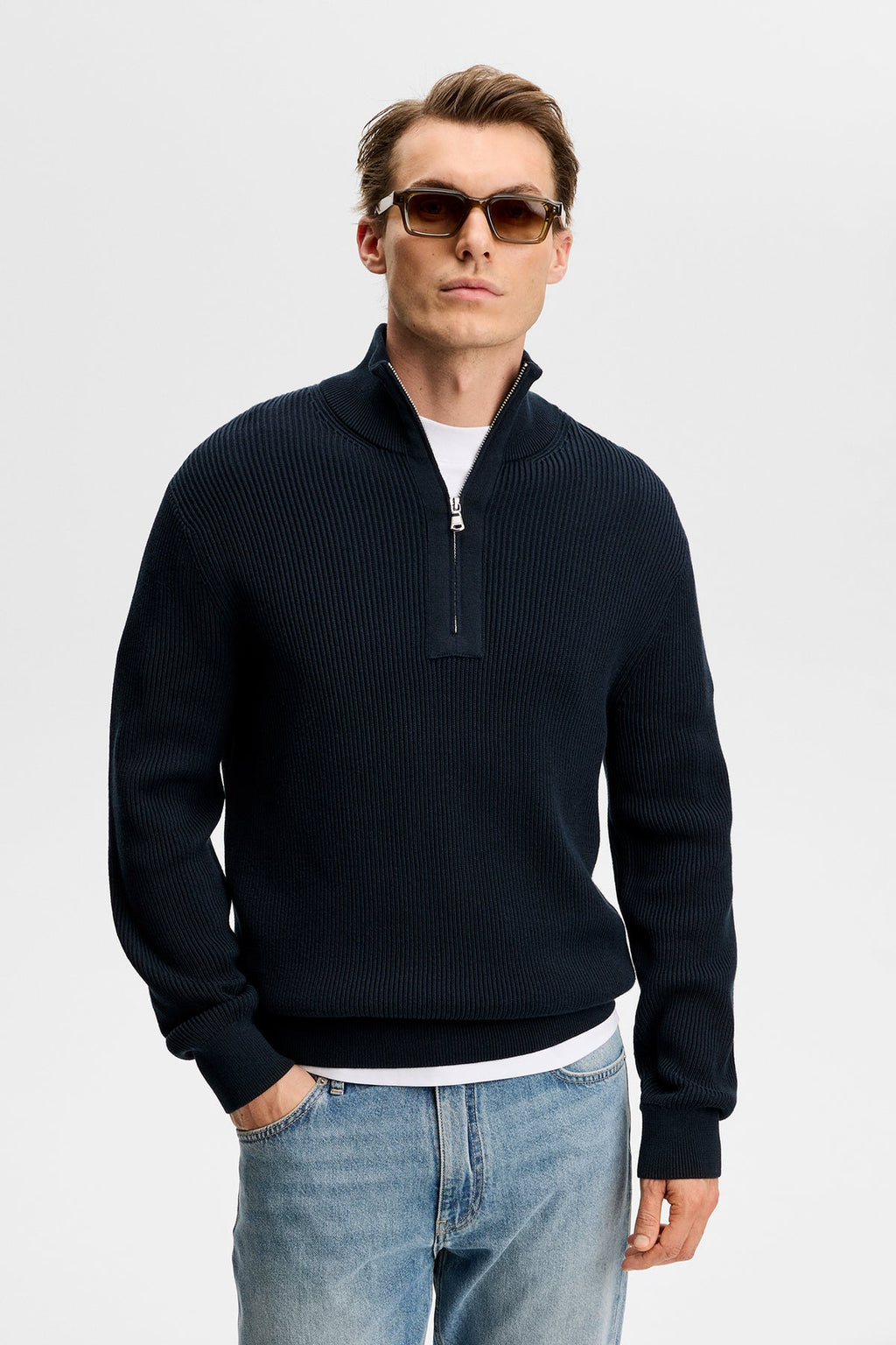 Alex RIBBED COTTON Half Zip Sweater JL Navy