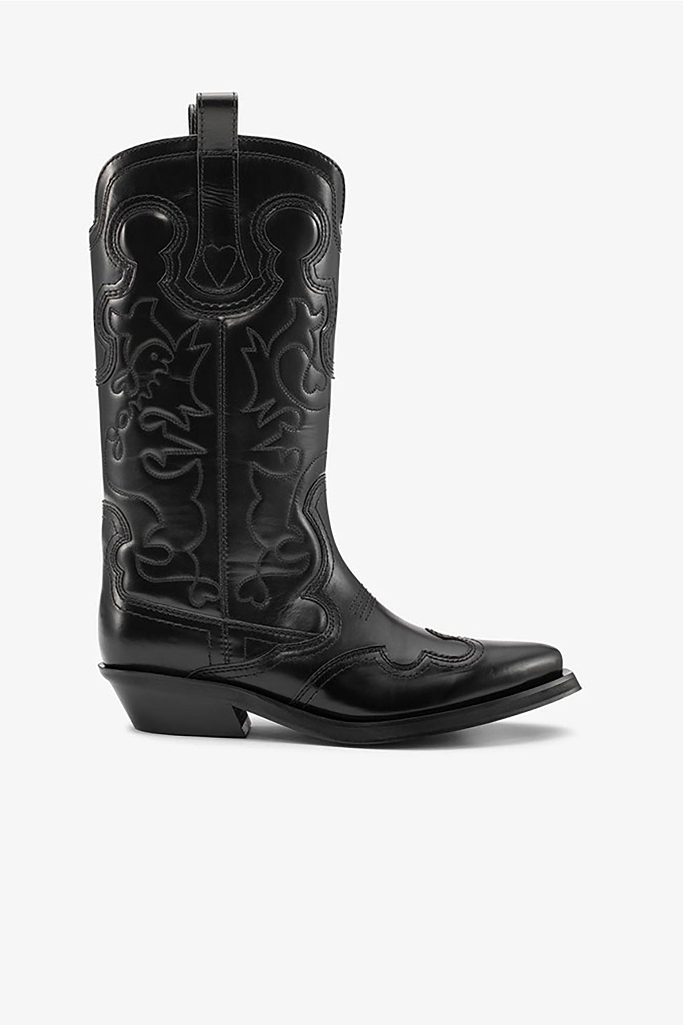 Mid Shaft Embroidered Western Boots Black