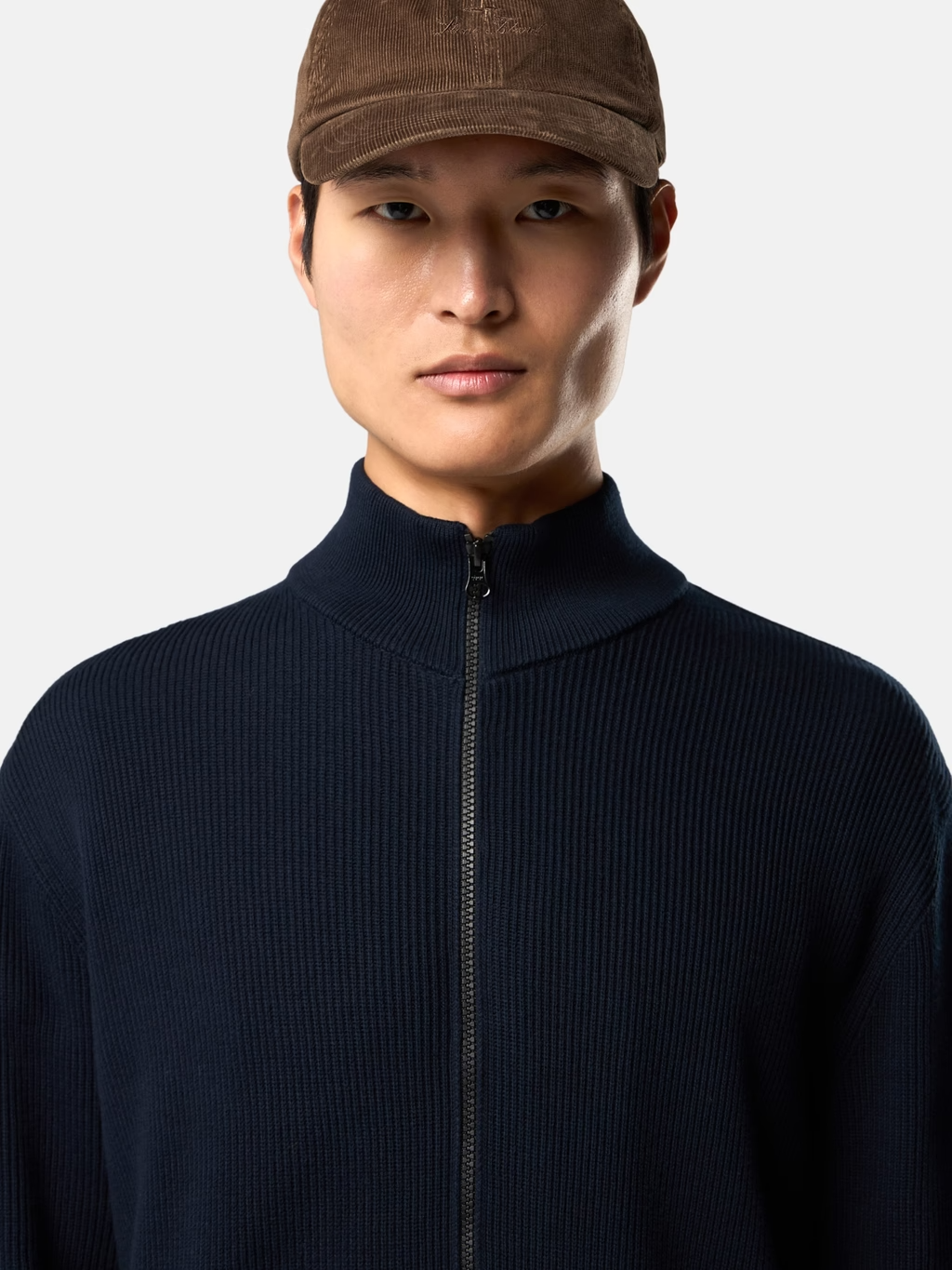 RIBBED KNITTED COTTON FULL-ZIP SWEATER NAVY BLUE