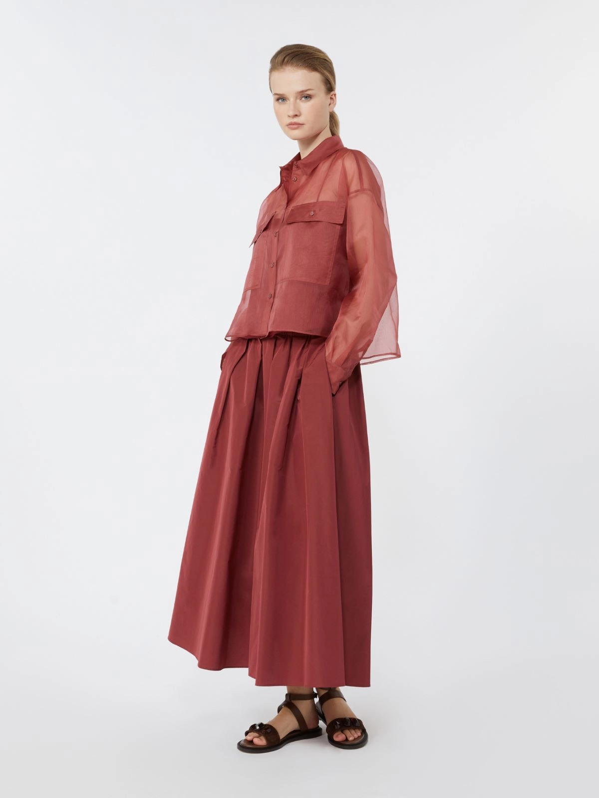 FORMICA Pleated Taffeta Long Skirt CHERRY