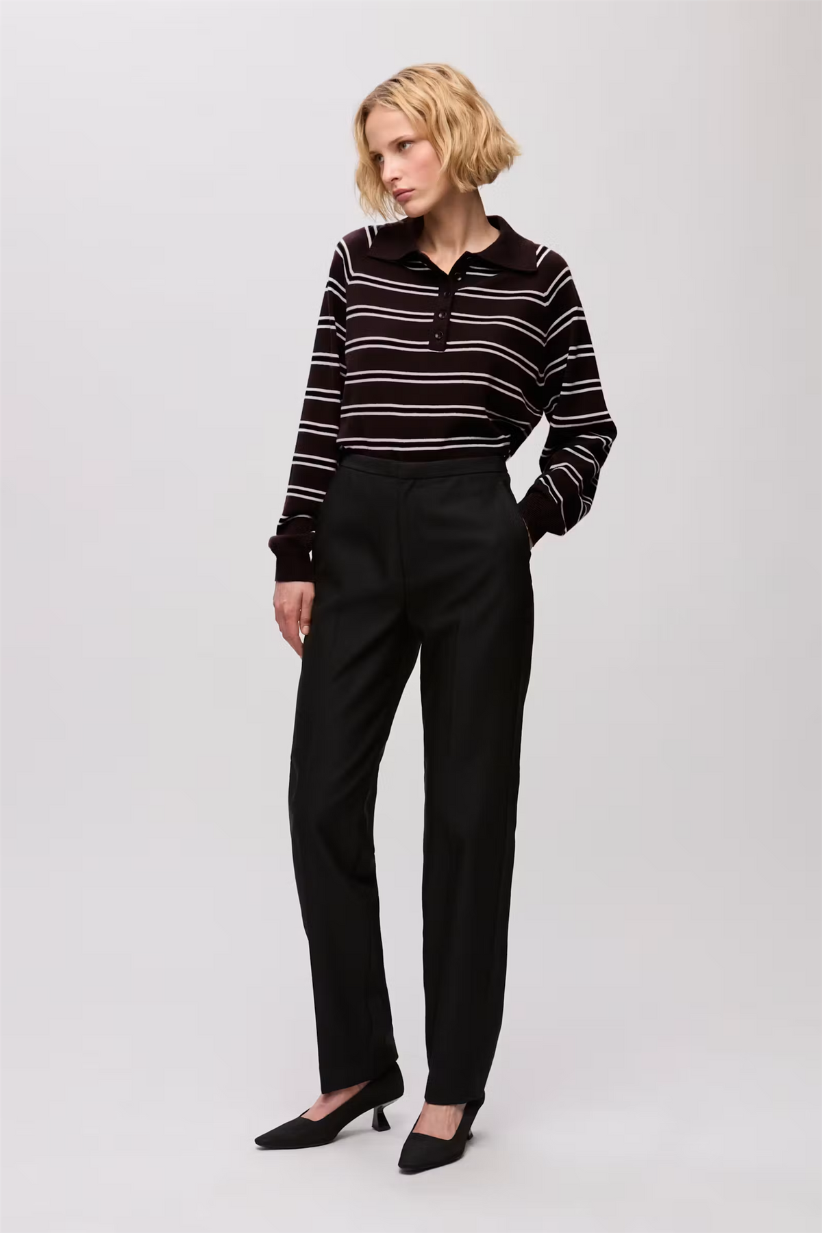 Farleigh Knitted Wool Polo Cocoa Stripe