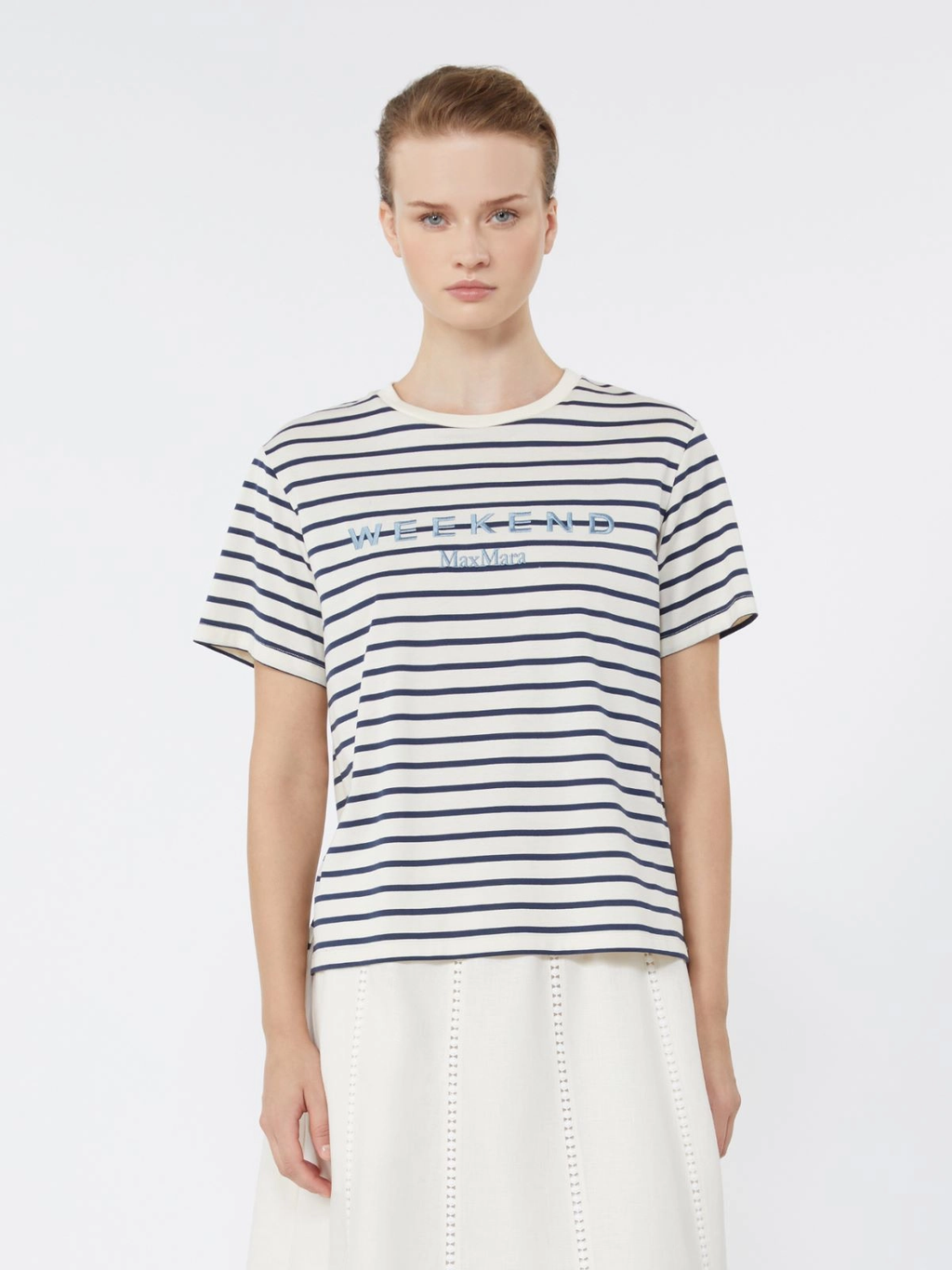 BORA Striped Embroidered Chest Logo T-shirt NAVY