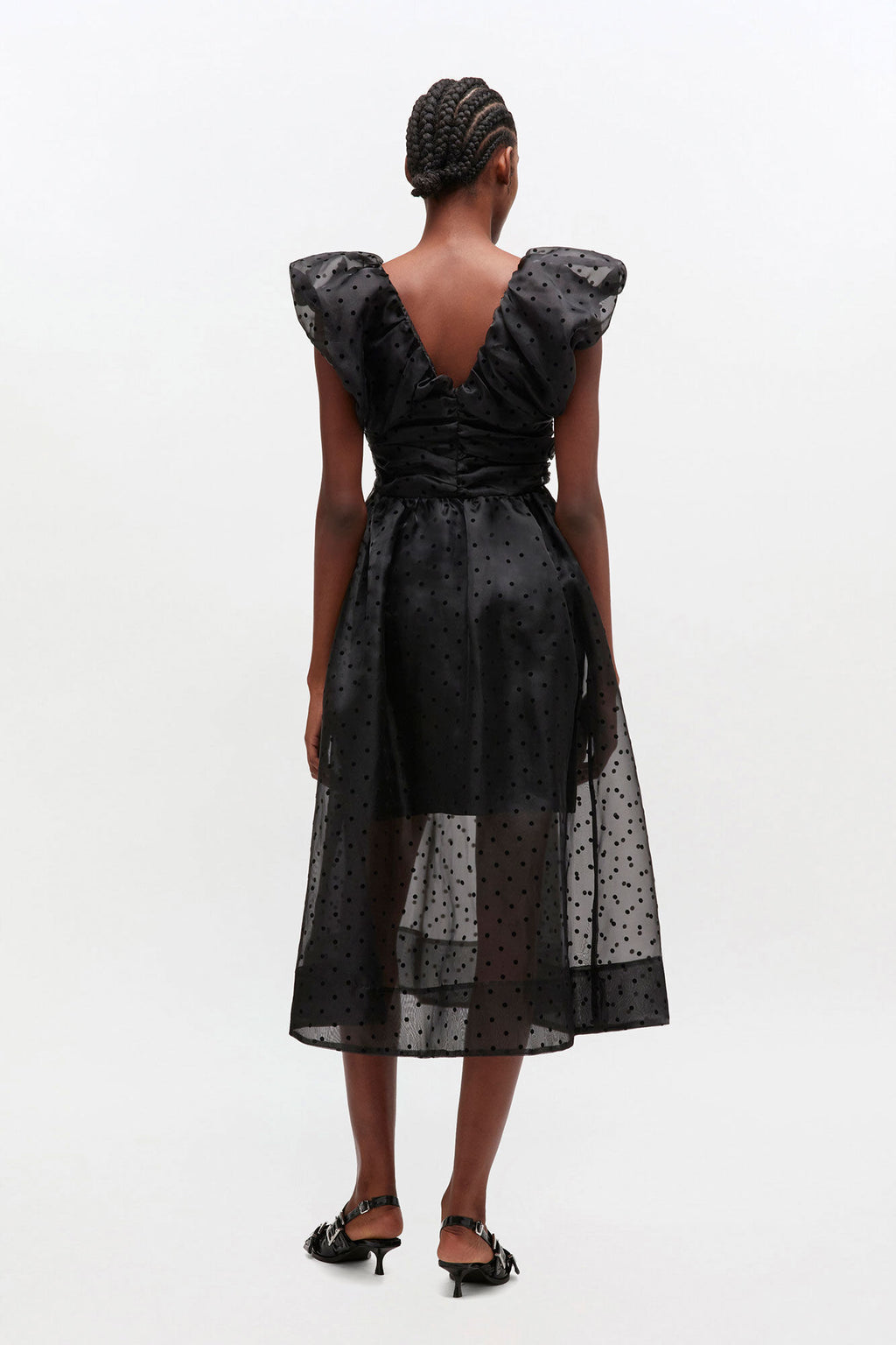 Flocked Organza Long Ruched Dress Black