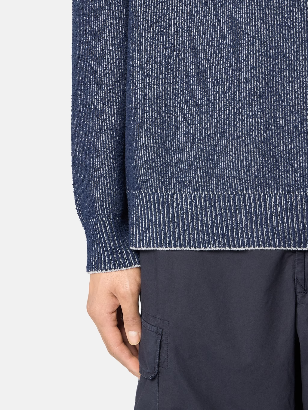 PLATED RIB COTTON BOUCLÉ SWEATER BLUE MELANGE