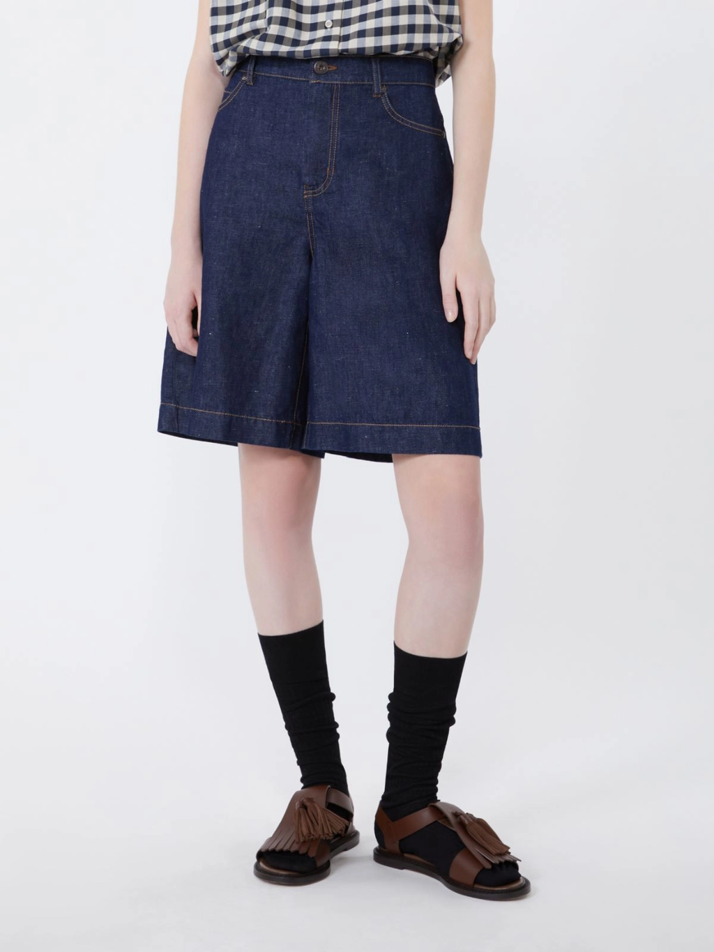 OZONO Cotton Linen denim Bermuda shorts Navy