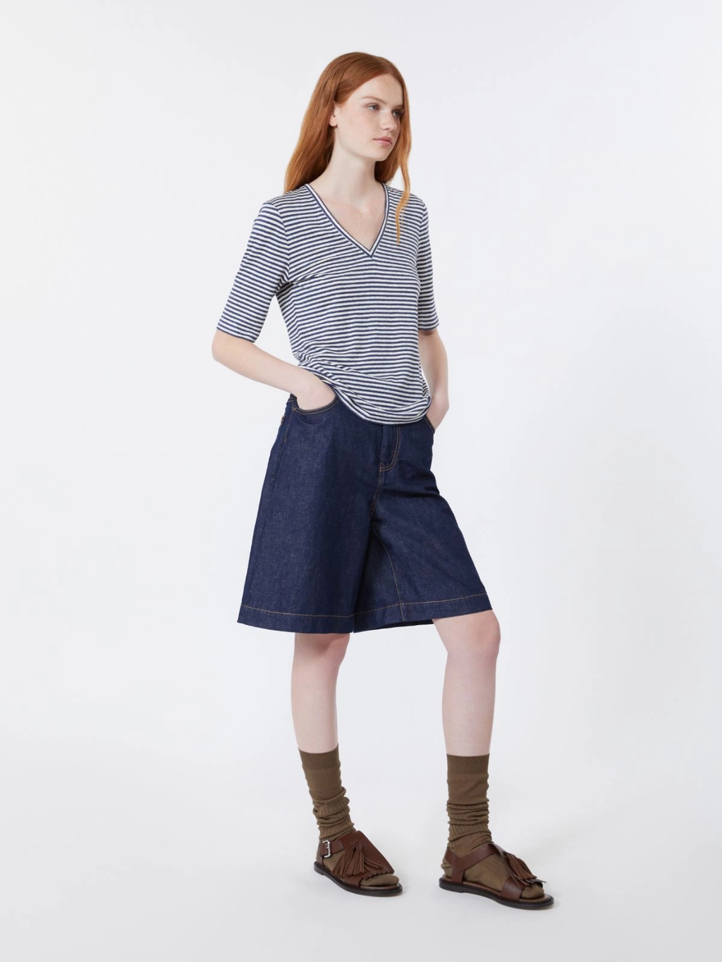 OPZIONE Striped Linen V-neck T-shirt ULTRAMARINE