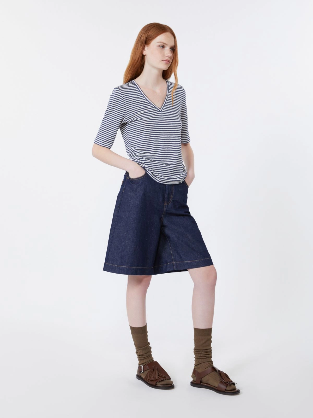 OPZIONE Striped Linen V-neck T-shirt ULTRAMARINE