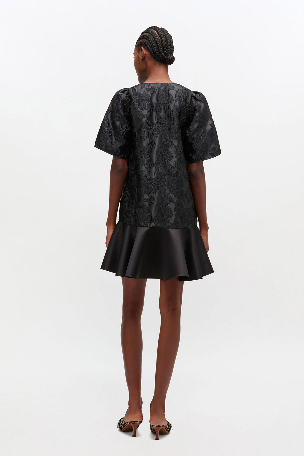Satin Cloque Mini V-neck Dress Black