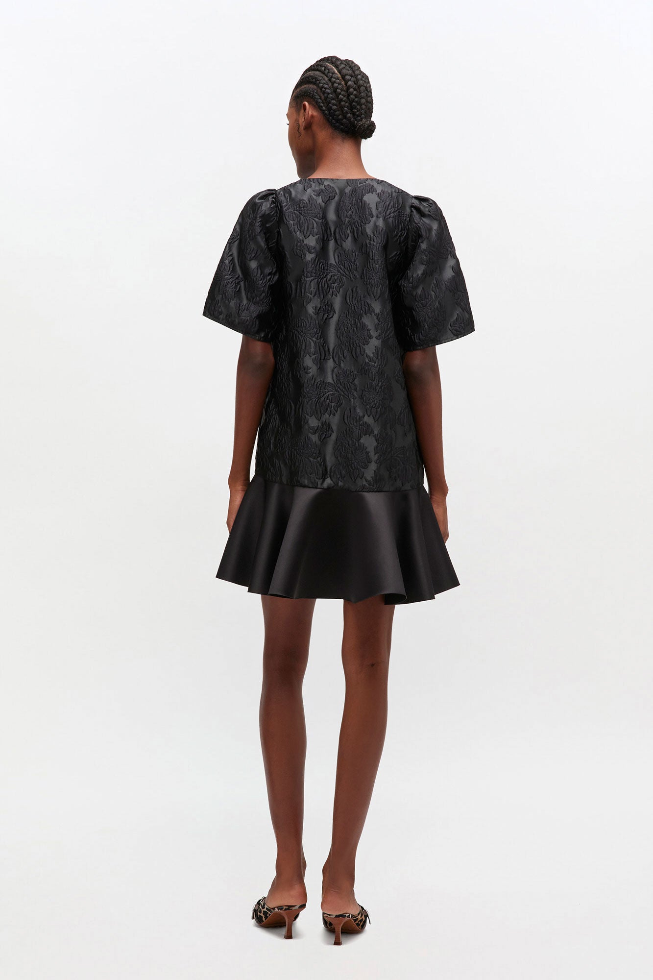 Satin Cloque Mini V-neck Dress Black