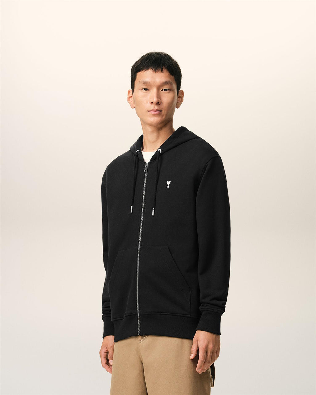 LOOPBACK COTTON AMI DE COEUR ZIP-HOOD BLACK/WHITE