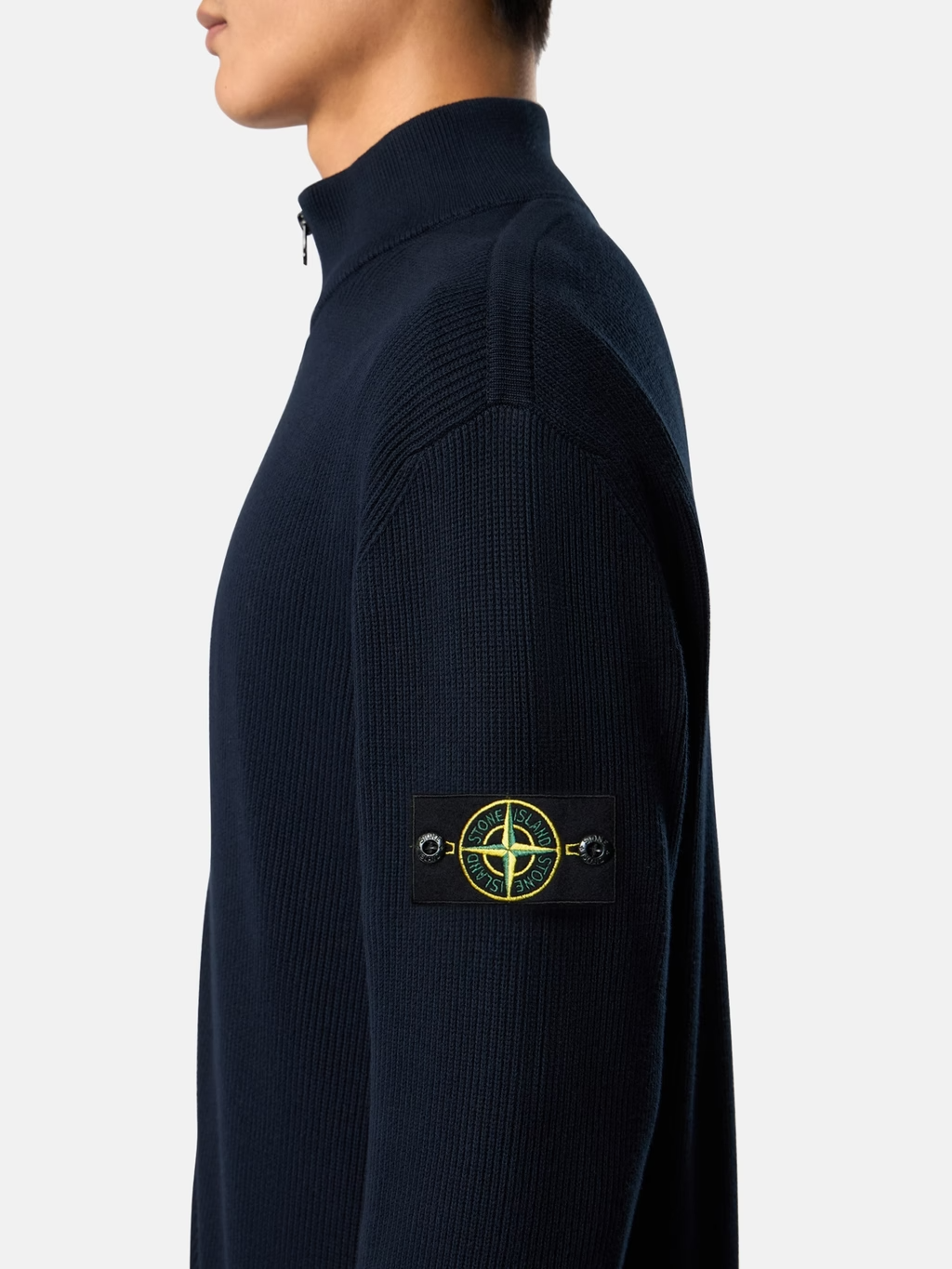 RIBBED KNITTED COTTON FULL-ZIP SWEATER NAVY BLUE