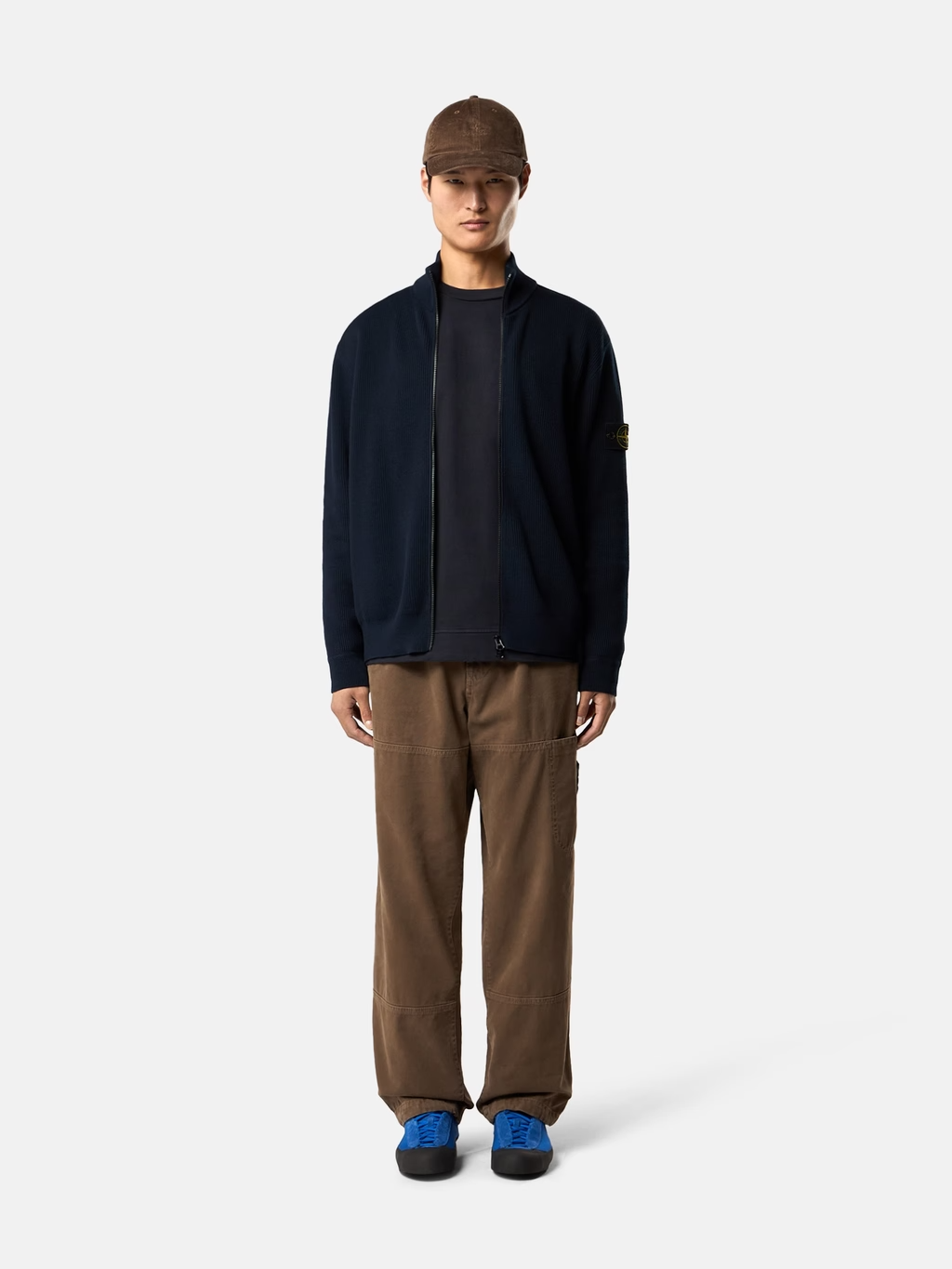 RIBBED KNITTED COTTON FULL-ZIP SWEATER NAVY BLUE
