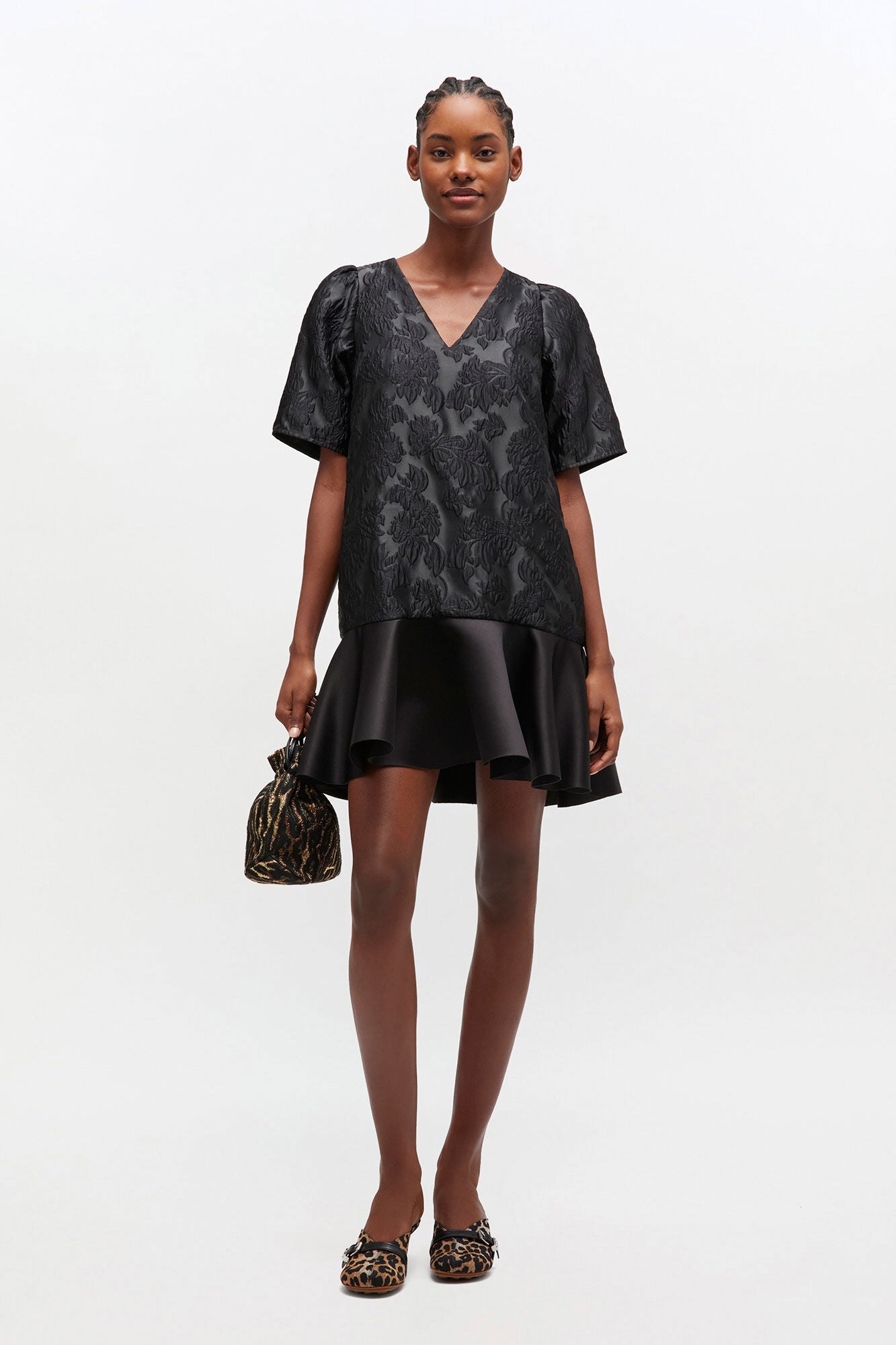 Satin Cloque Mini V-neck Dress Black