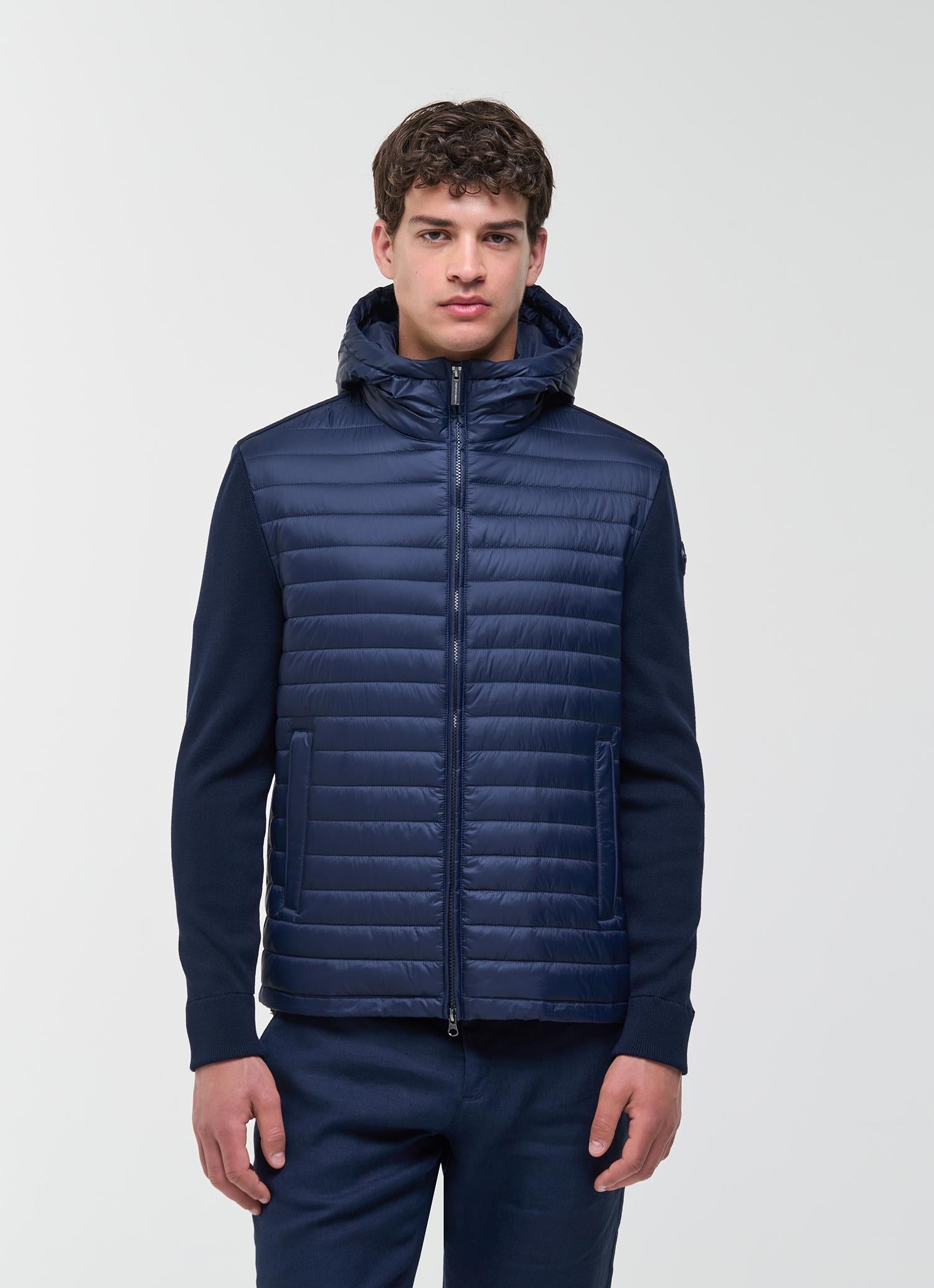Hooded HYBRID KNITTED-PADDED JACKET NAVY BLUE