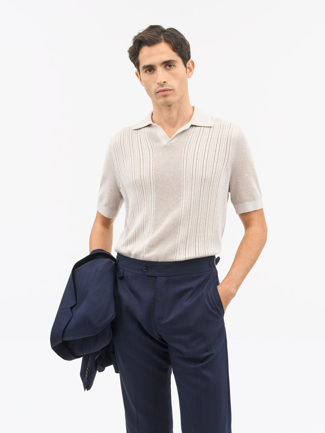 Eoin P Knitted Merino-Linen Blend Polo Ivory