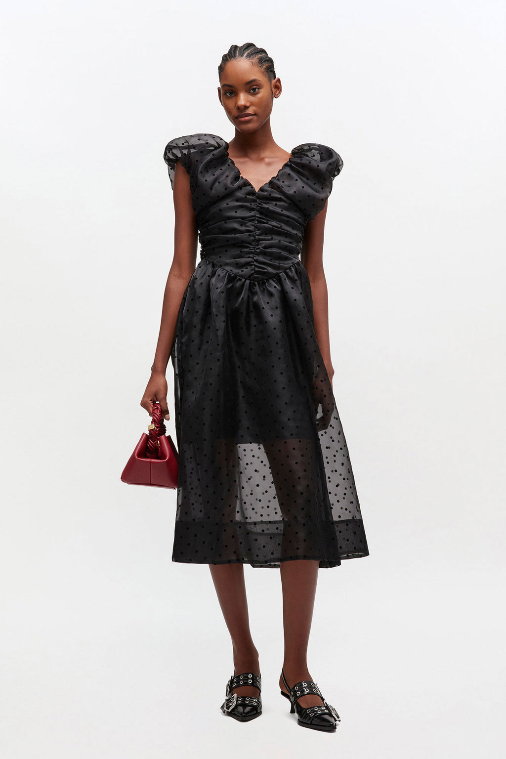 Flocked Organza Long Ruched Dress Black