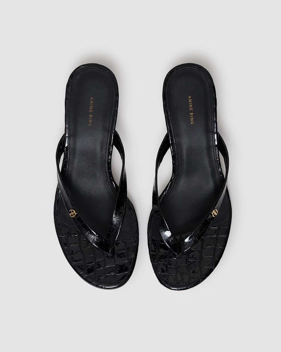 NOELLE EMBOSSED THONG HEELS BLACK