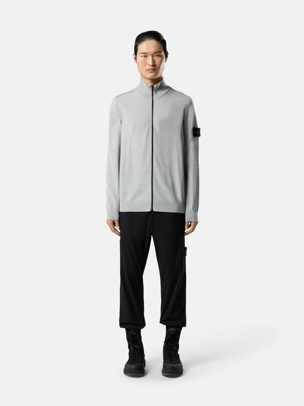 KNITTED GEELONG WOOL FULL-ZIP SWEATER MELANGE PEARL GREY