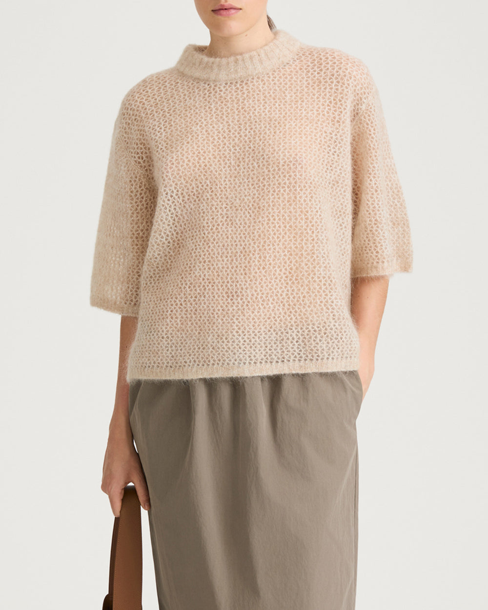 NIA MOHAIR BLEND SHORT SLEEVE SWEATER OYSTER