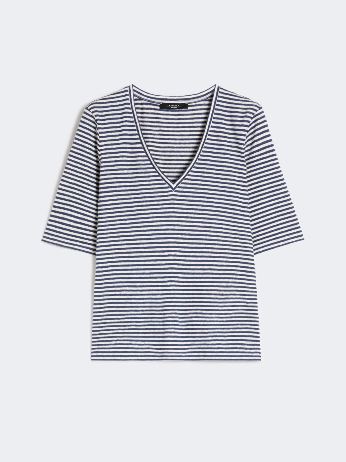 OPZIONE Striped Linen V-neck T-shirt ULTRAMARINE